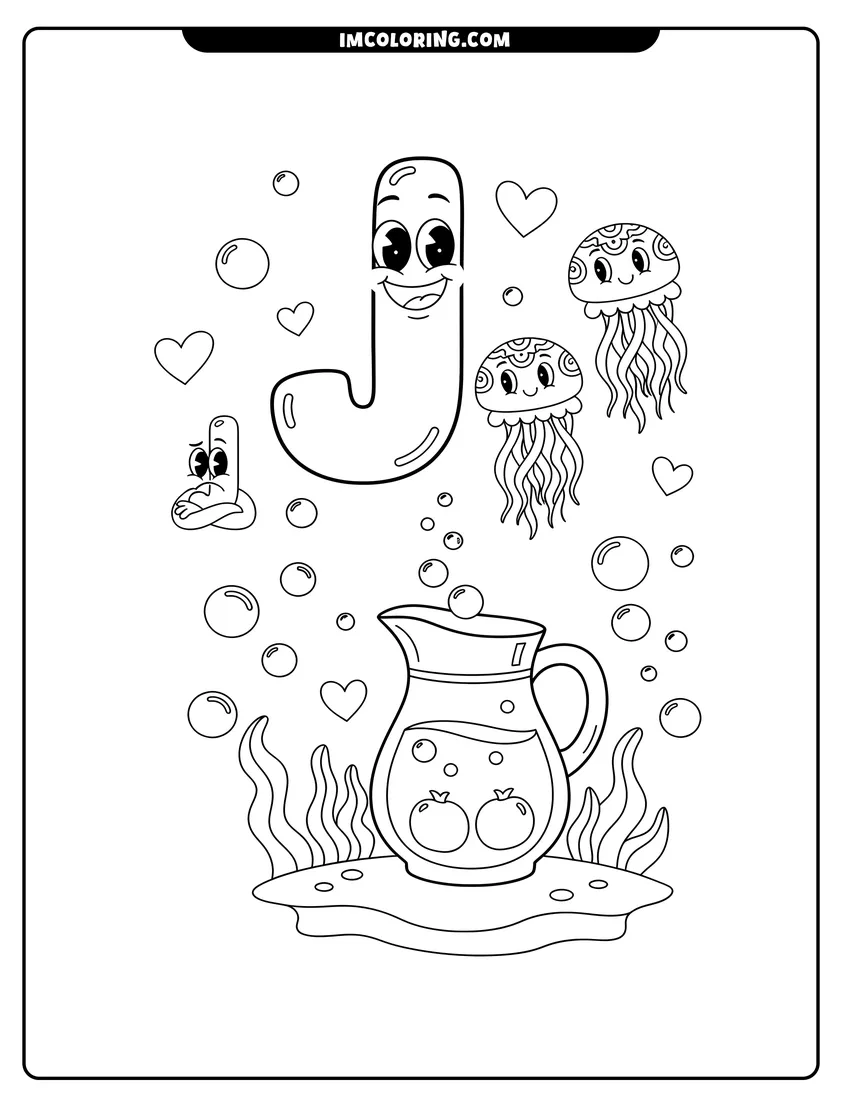 Coloring sheet featuring Letters J and j underwater with jellyfish and juice