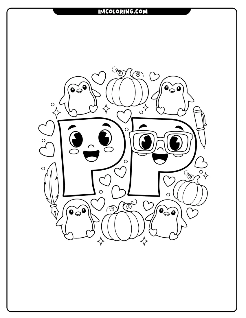 Vector style outline of Two letter P characters with penguins, pumpkins, and a pen