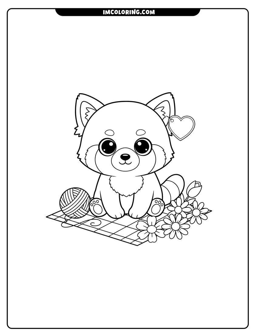 Printable coloring page featuring Beanie Boo red panda on a picnic mat