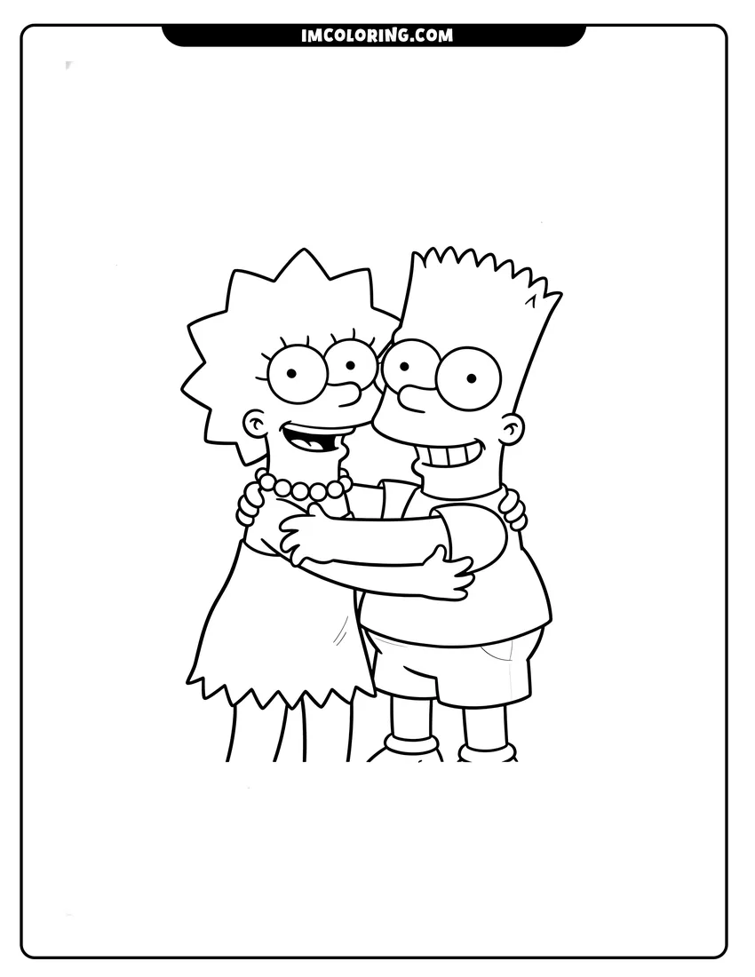 Lisa Simpson giving Bart Simpson a big happy hug coloring page for preschoolers