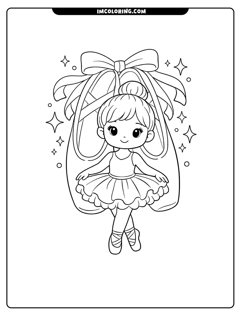 Simple sketch of Little ballerina standing next to giant ballet shoes for children