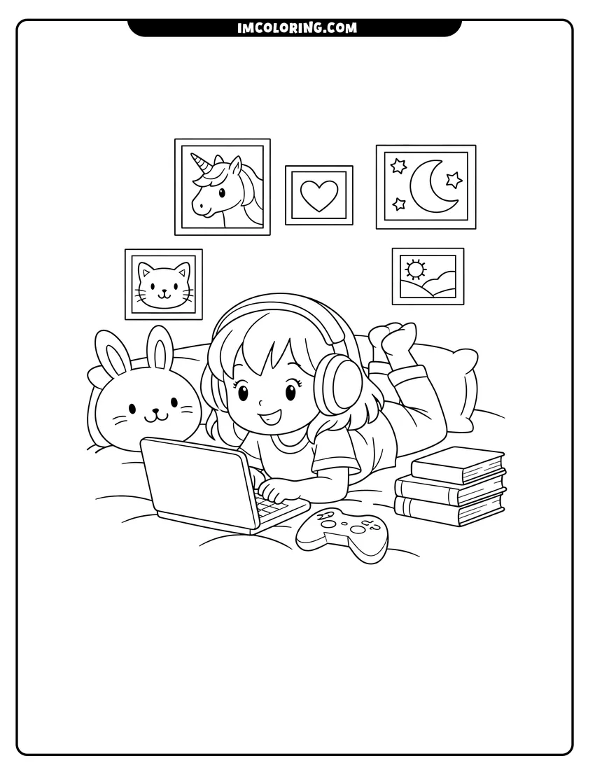 Illustration of Girl with headphones and laptop on her bed ready for painting
