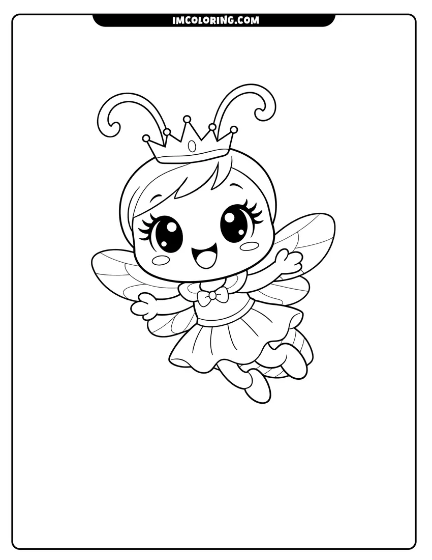 Kawaii young ant princess flying with small wings coloring page for preschoolers