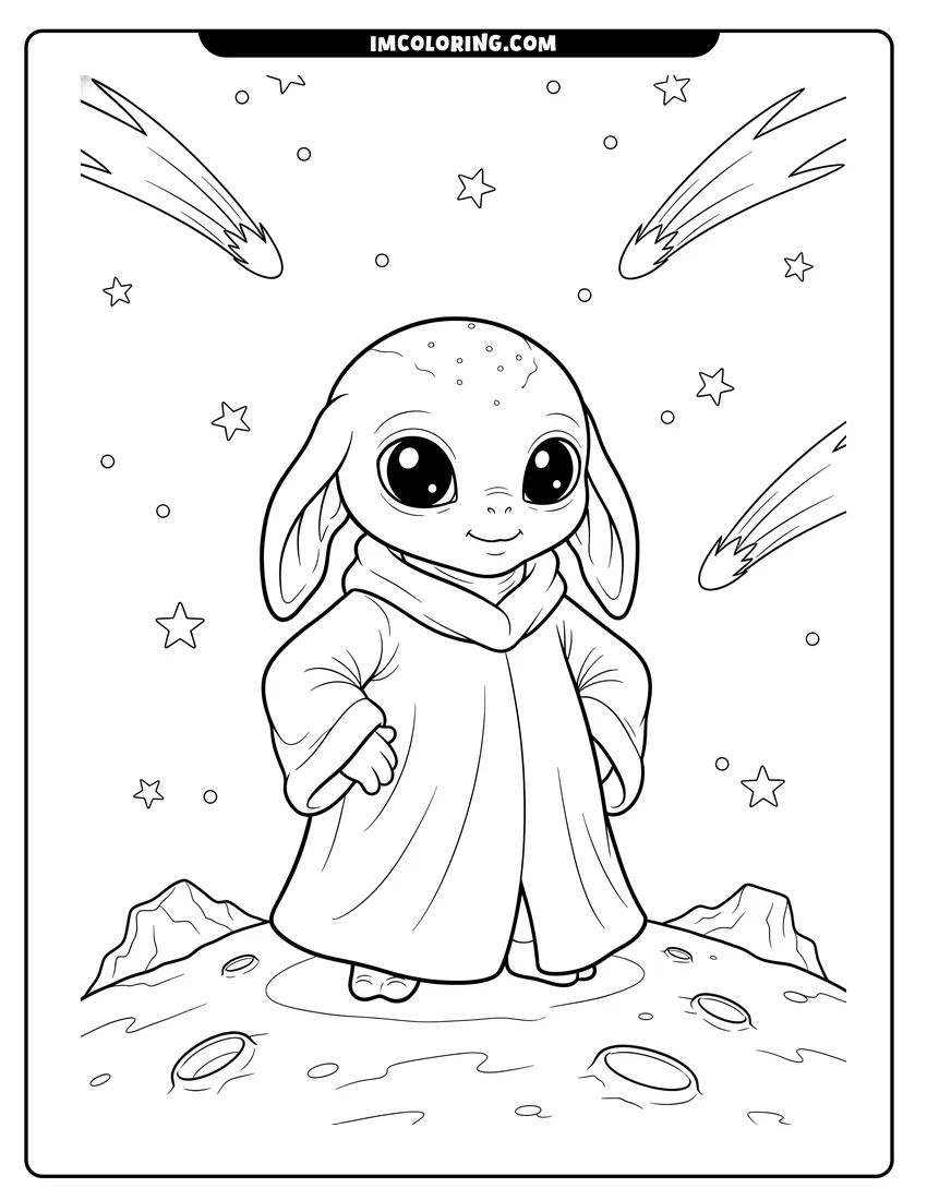 Cute Small alien creature with large ears on a rocky planet outline for coloring