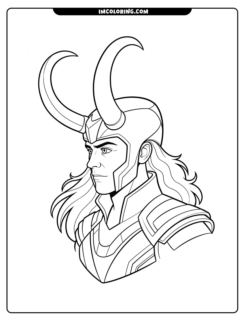 Simple line drawing of Loki portrait with horned helmet and armor