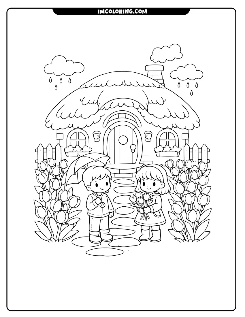 Coloring sheet of Charming cottage in a garden of blooming tulips for kids