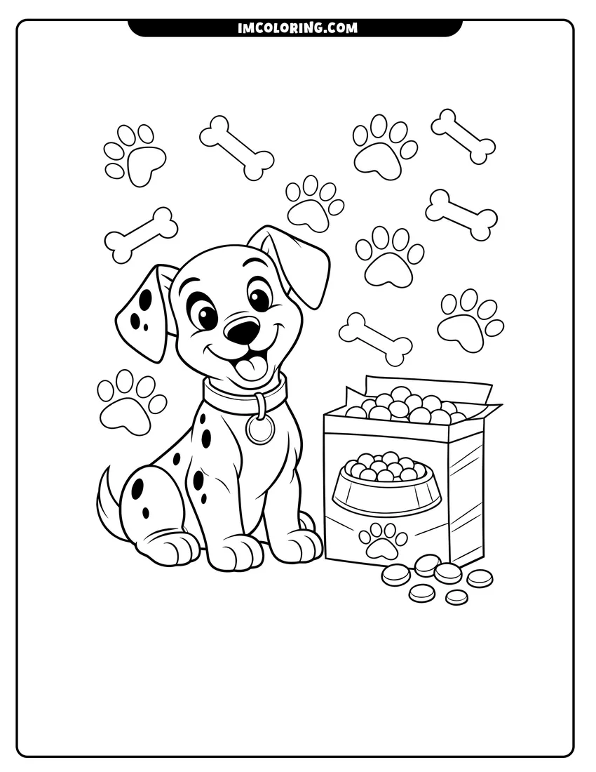 Detailed Lucky the dalmatian puppy with dog treats design for coloring
