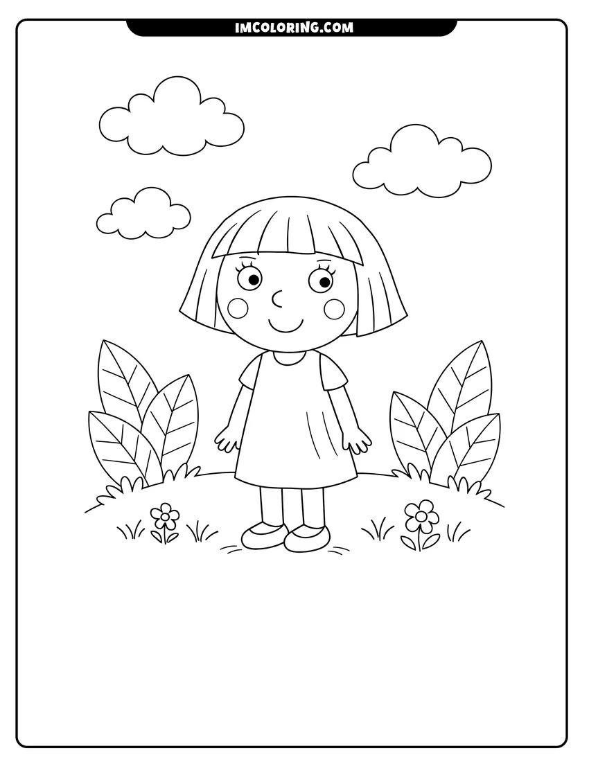 Kawaii style Lucy standing on a grassy hill with leaves coloring picture