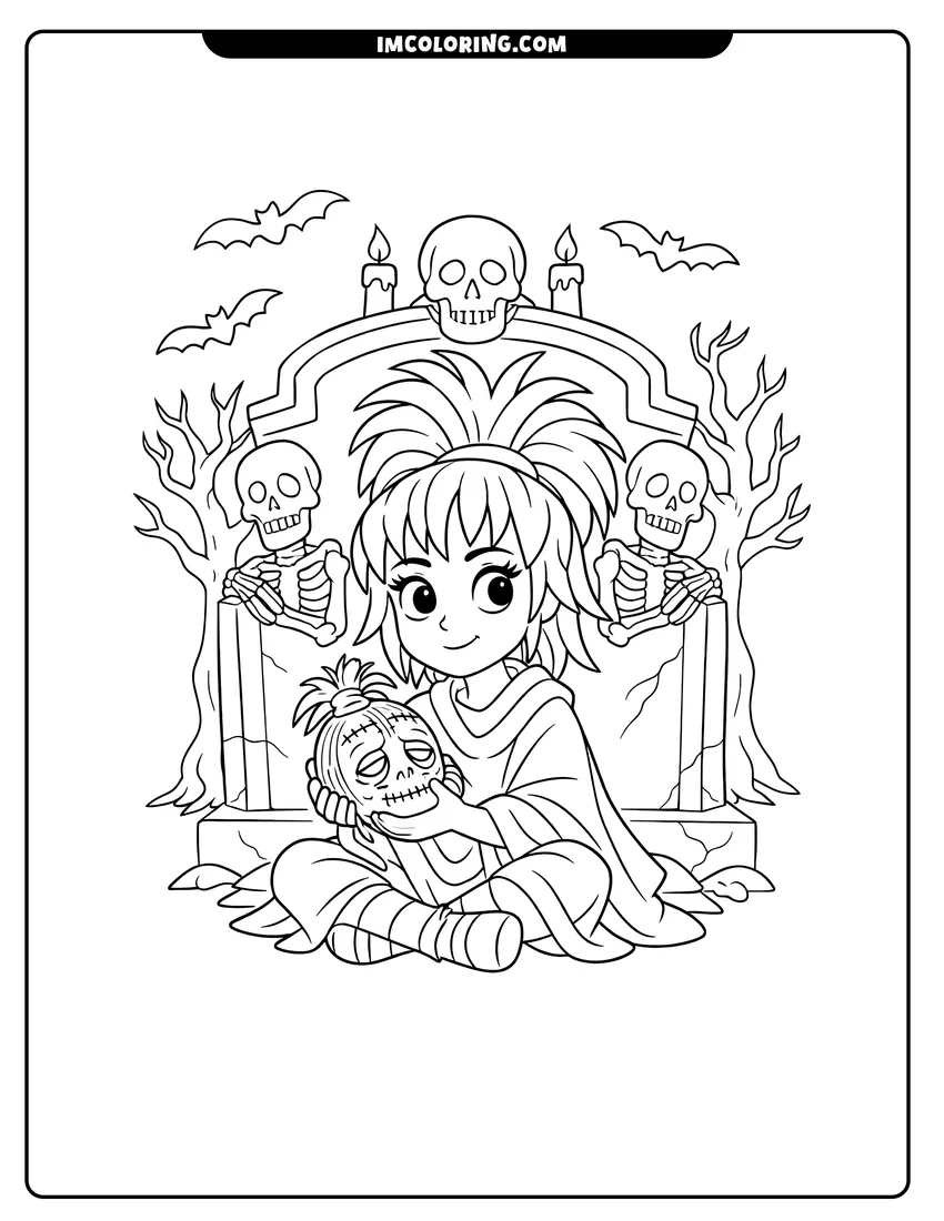 Kids activity sheet showing Lydia Deetz sitting in front of a skeleton tombstone