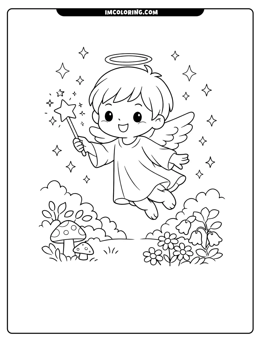 Illustration of Cute angel with a star wand in a forest ready for painting