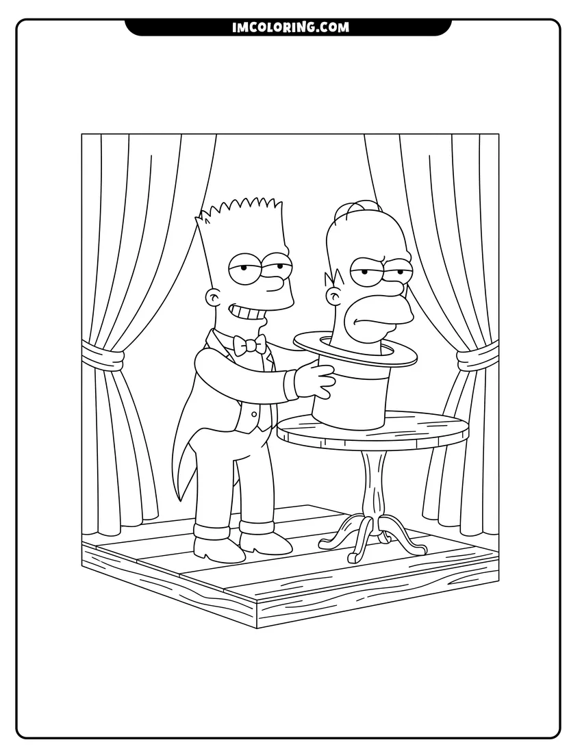 Easy-to-color Bart Simpson dressed as a magician on a stage illustration