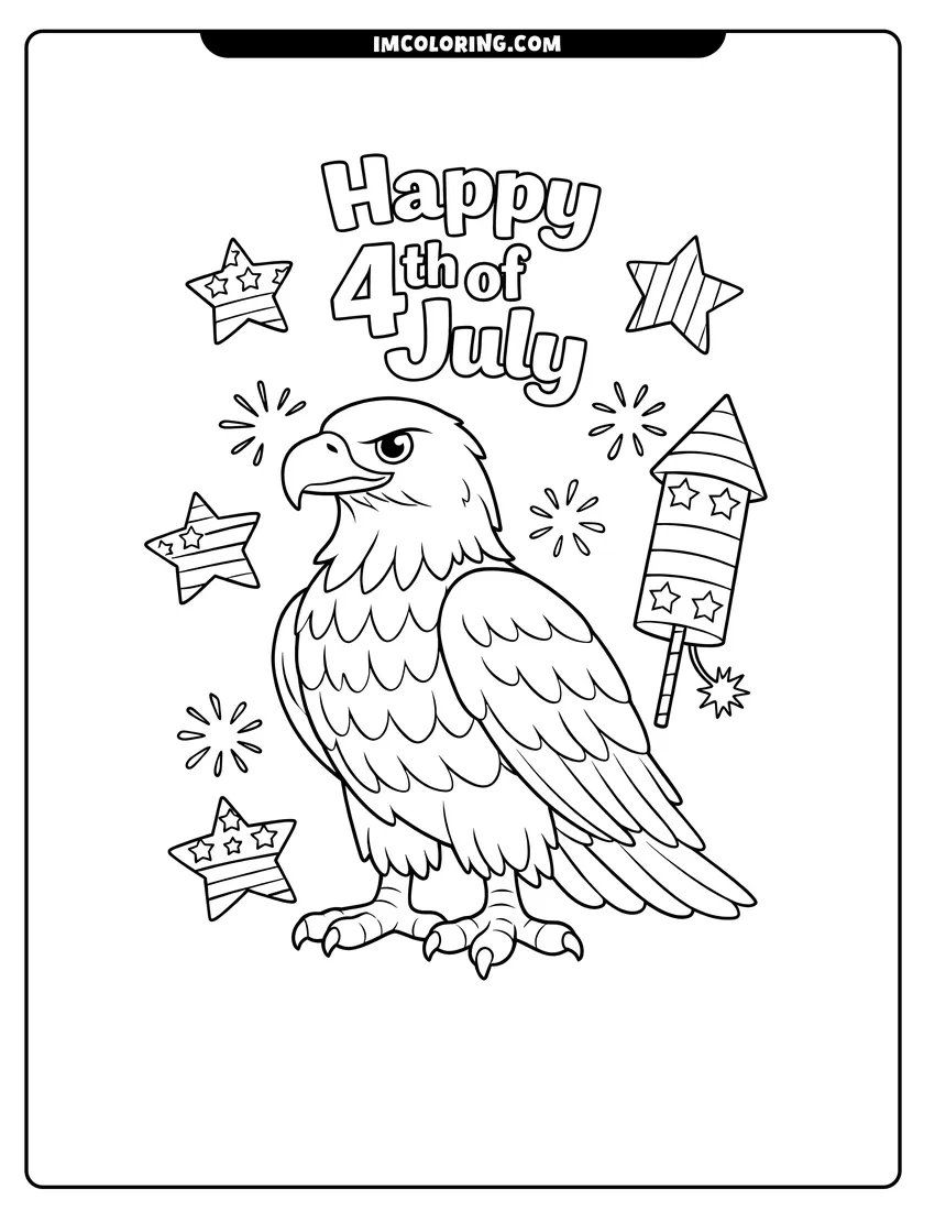 Coloring sheet of Bald eagle with fireworks and star decorations for kids