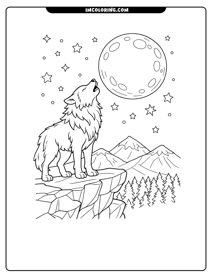Simple sketch of Wolf howling at the moon on a cliff for children