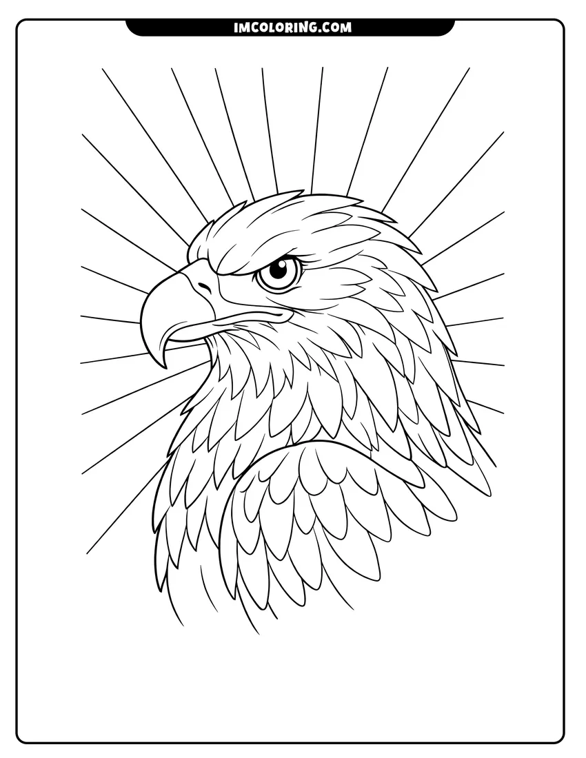 Printable Bald eagle profile with radiating stripe background coloring activity