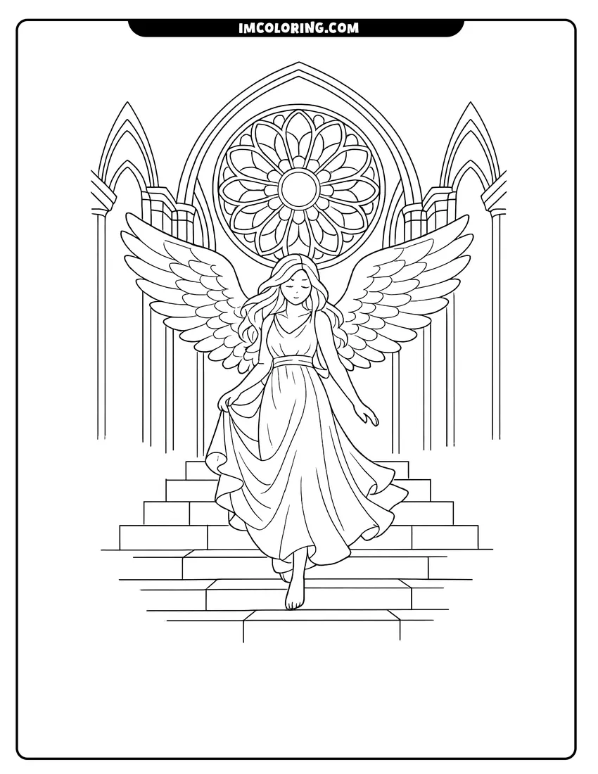 Black and white Angel with large wings inside a gothic cathedral coloring sheet