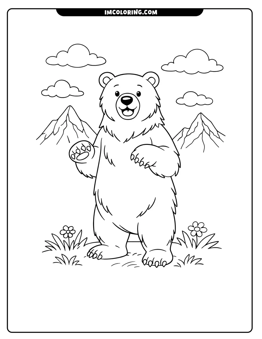 Easy-to-color Grizzly bear standing on hind legs with mountains illustration