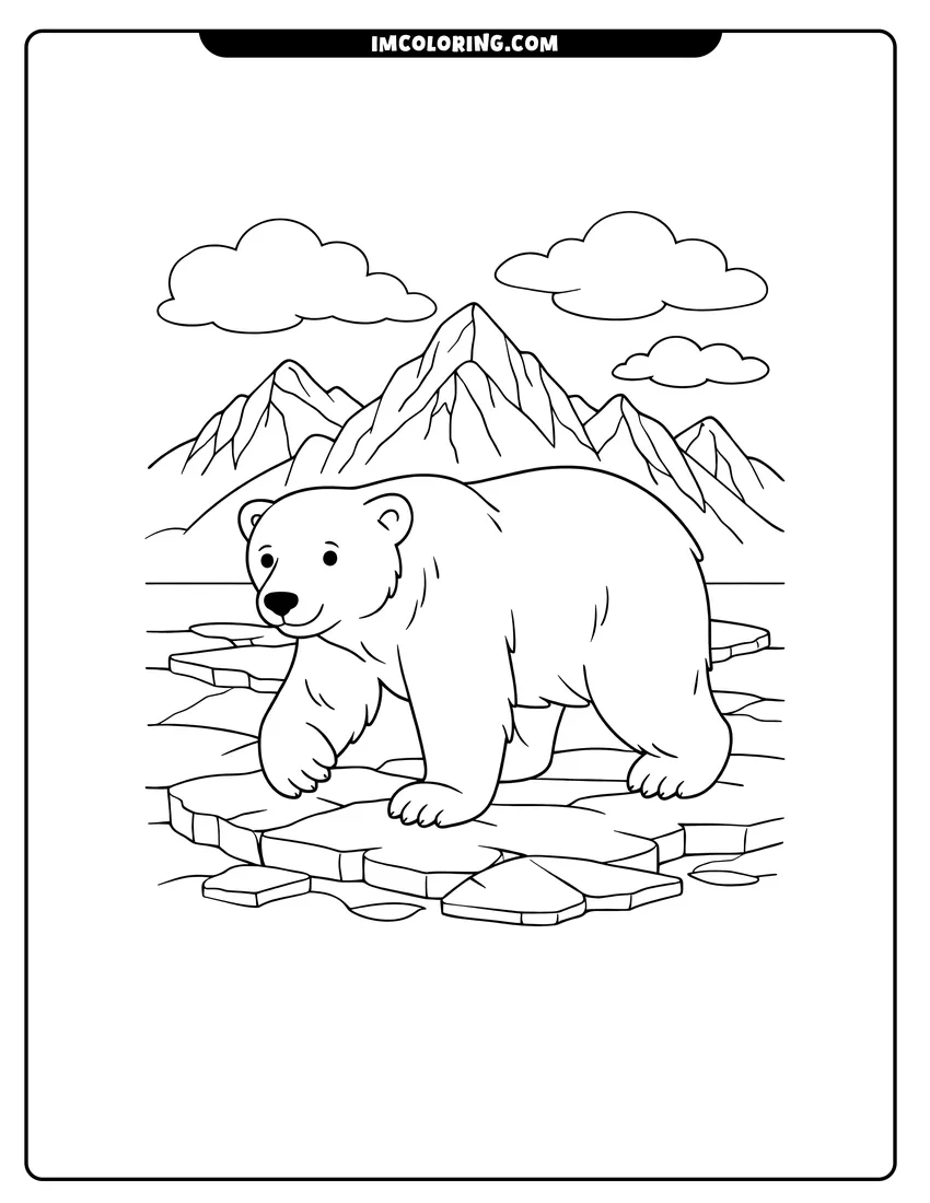 Illustration of Polar bear walking across cracked ice floes ready for painting