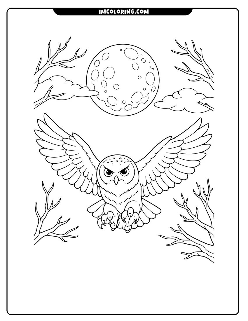 Scene showing Snowy owl flying past branches under the moon to color