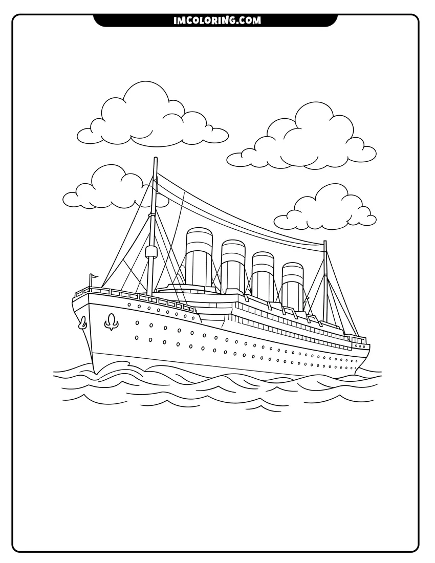 Line art depicting Titanic ocean liner with four smokestacks and intricate rigging