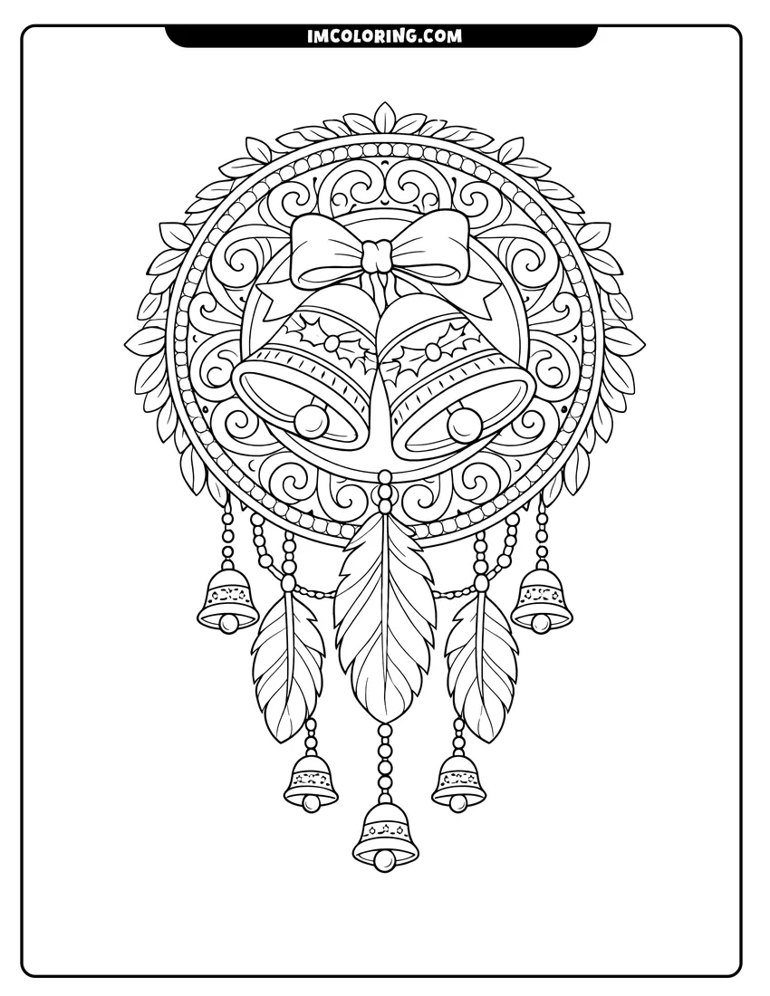 Detailed Decorative bells inside a circular mandala dreamcatcher with feathers design for coloring