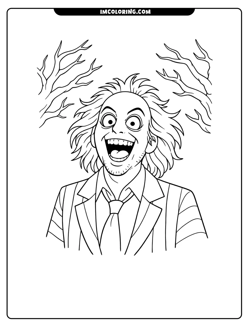 Printable Laughing Beetlejuice with wild hair and wide eyes coloring activity