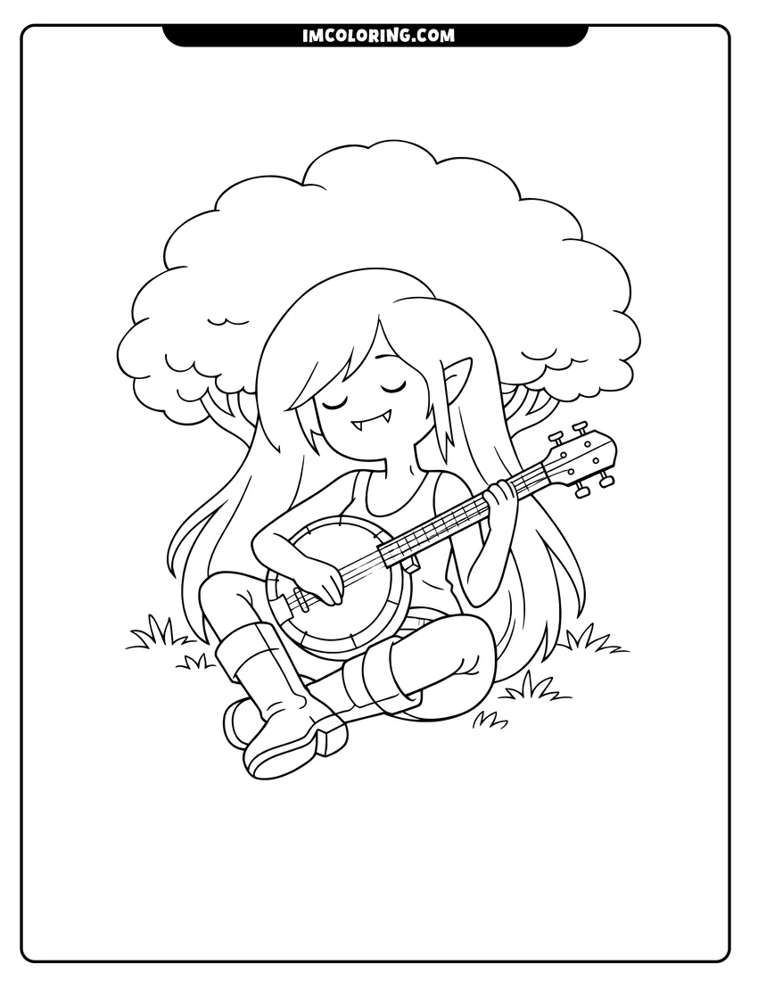 Black and white Marceline playing a banjo in the grass coloring sheet