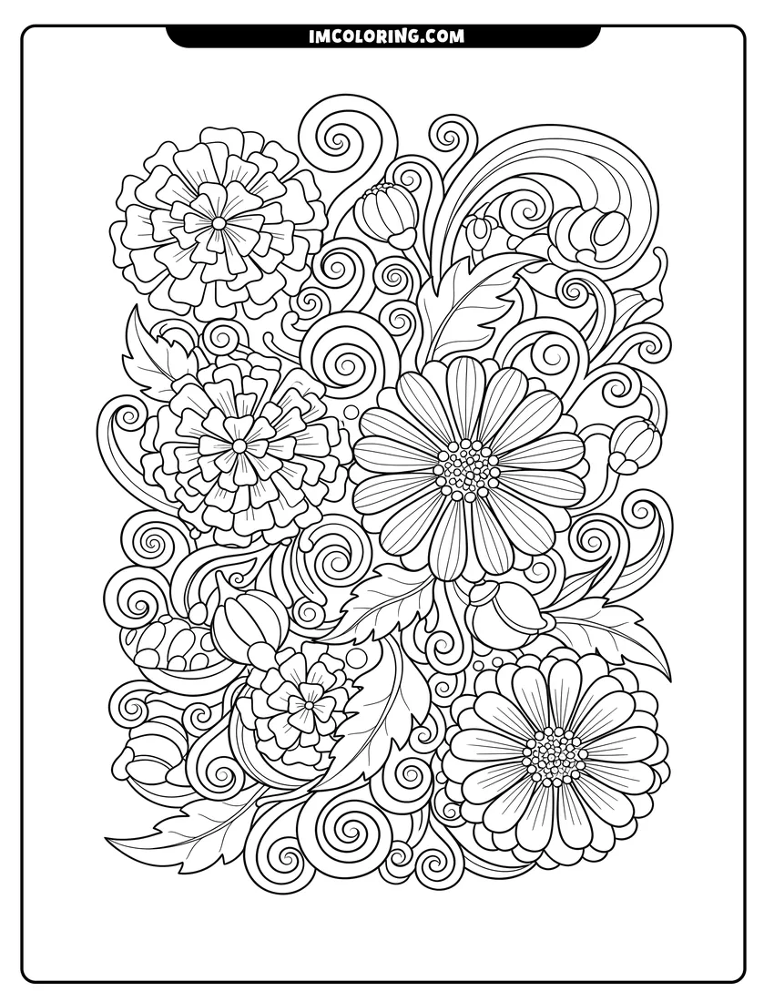Printable coloring page of Abstract marigolds and striped zinnias with swirling organic patterns