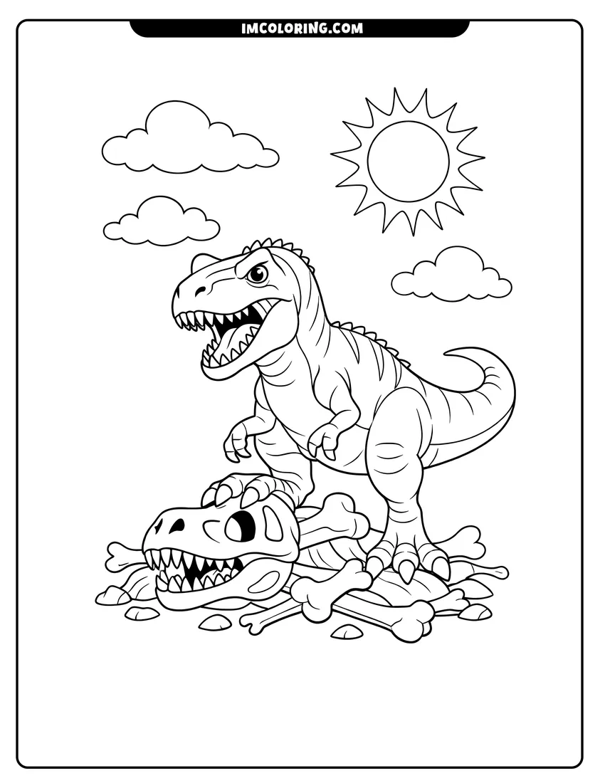 Line art depicting Massive Allosaurus standing over dinosaur bones