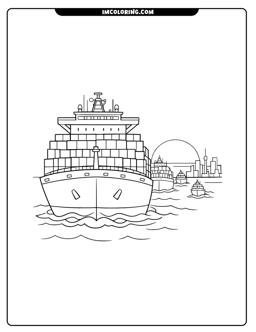 Printable Massive container ship leading a fleet at sunset harbor coloring activity