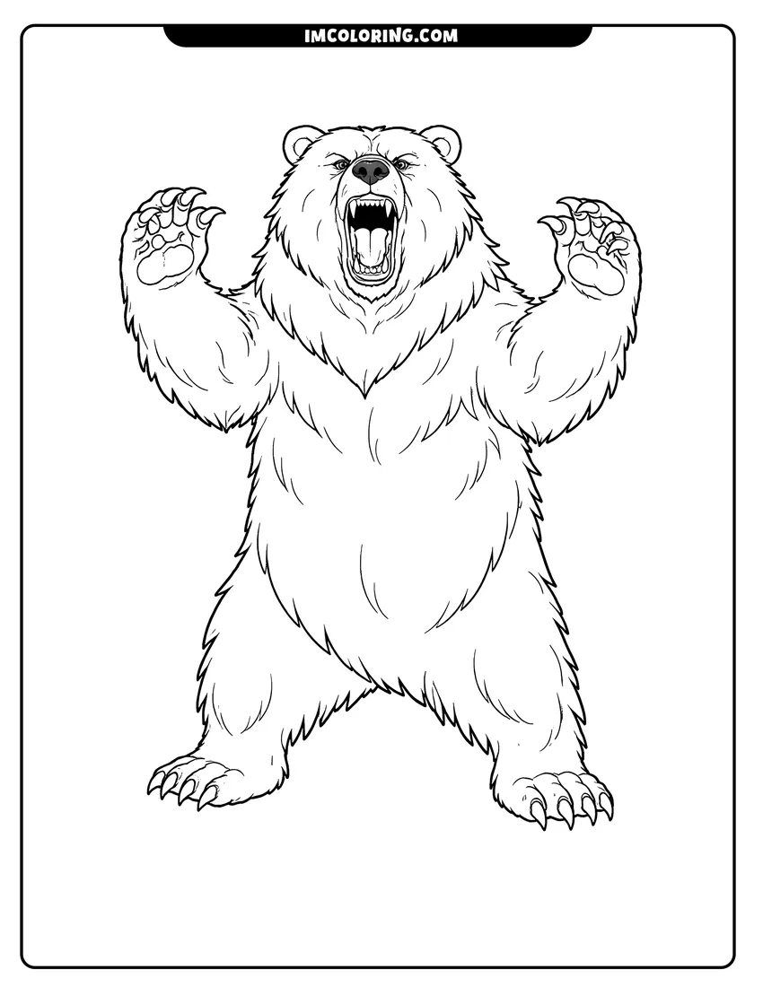Printable outline of Massive grizzly bear standing and roaring