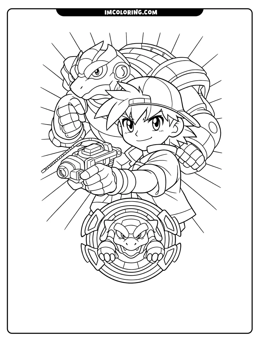 Coloring sheet of Max Tate with his armored Bit-Beast Draciel for kids