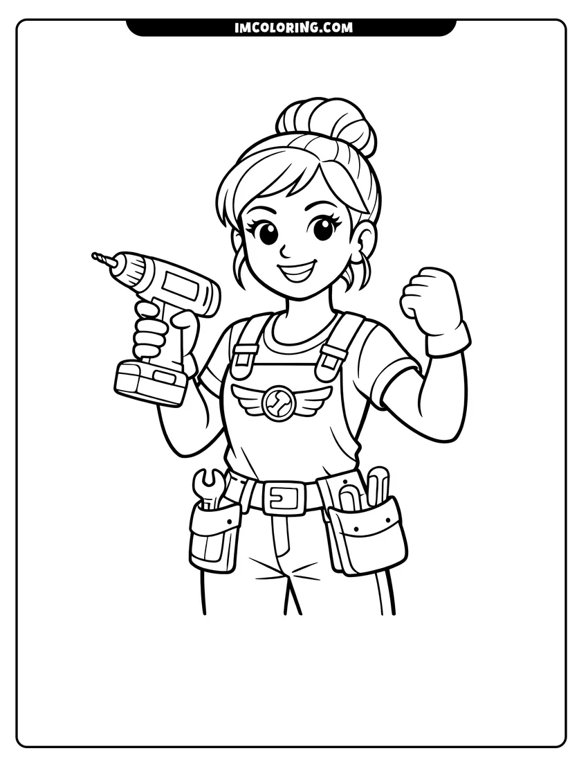 Gabby the mechanic holding a power drill coloring page for preschoolers