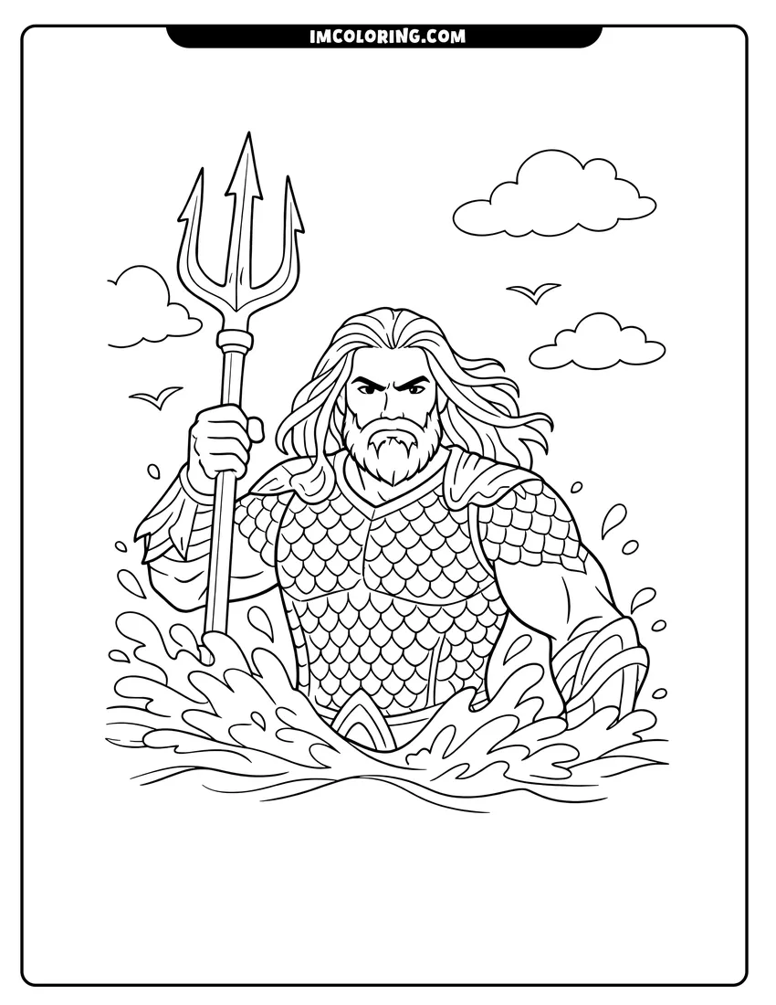 Coloring sheet of Muscular Aquaman emerging from splashing ocean water for kids