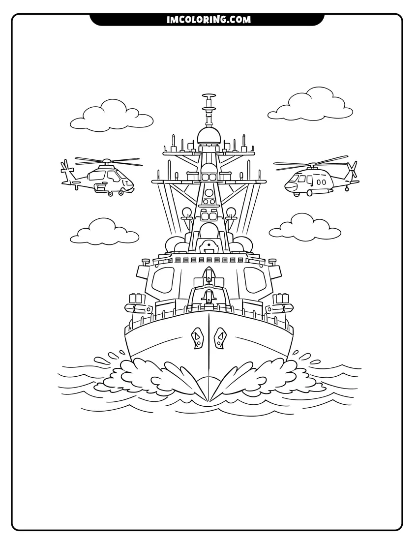 Detailed military warship sailing through waves with helicopters coloring page for preschoolers