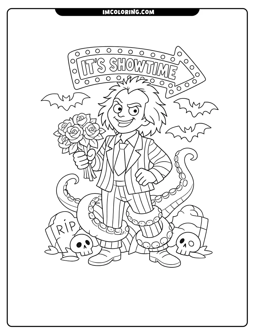 Beetlejuice in a striped suit holding a bouquet of roses coloring page for preschoolers