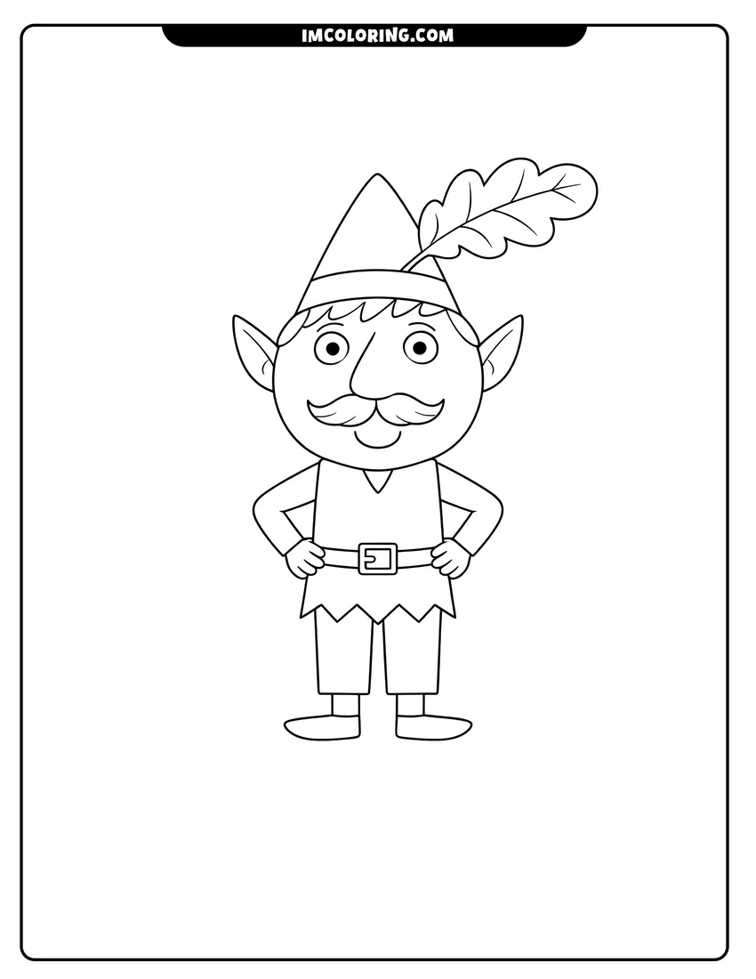 Black and white Mister Elf with pointy ears and a mustache coloring sheet