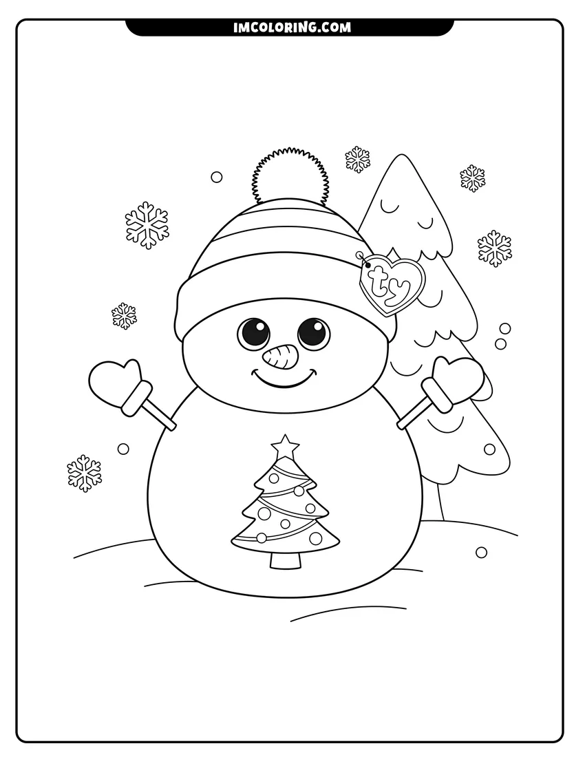 Scene showing Beanie Boo snowman in a snowy landscape to color