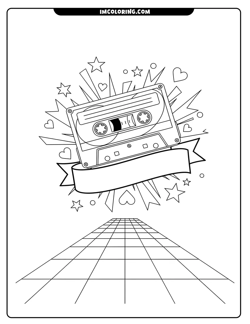 Simple sketch of A classic cassette tape with stars and a perspective grid to color