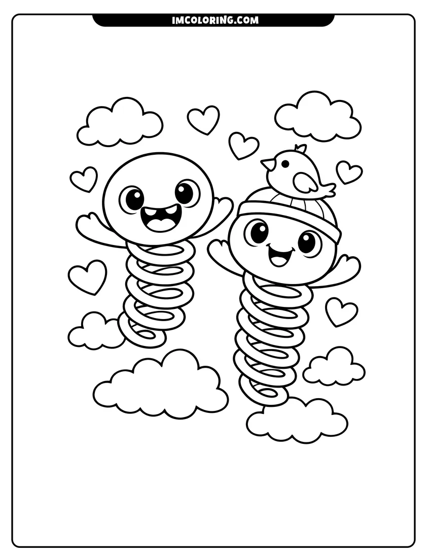 Mo and Bo characters floating among clouds drawing meant for coloring