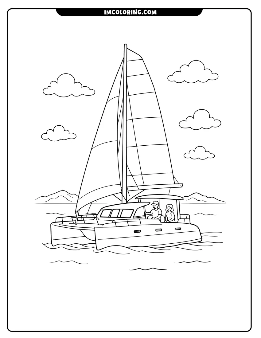 Outline of Modern catamaran sailboat with large sails on the ocean on a white background