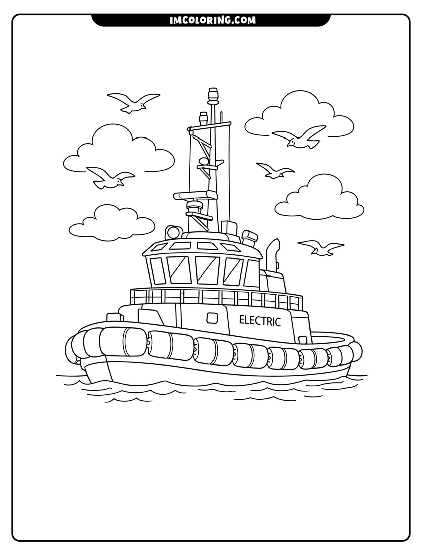 Modern electric tugboat with a tall mast and bumpers drawing meant for coloring