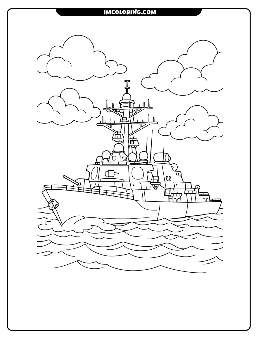 Black and white Modern Navy destroyer warship with radar arrays and masts coloring sheet