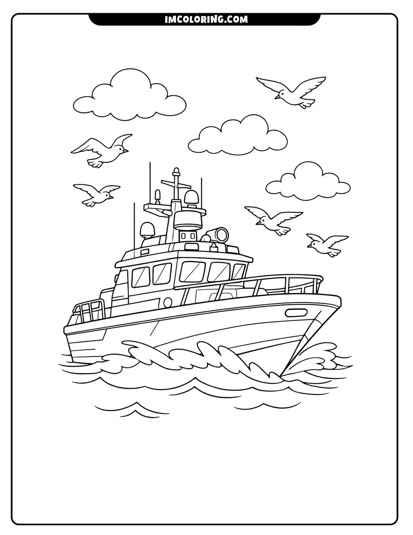 Simple line drawing of Modern sea patrol boat with antennas on stylized waves