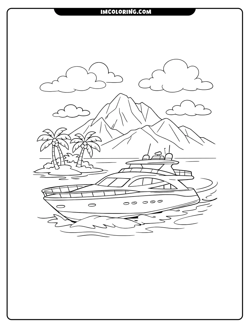 Line art depicting Modern yacht boat near a tropical island and mountains