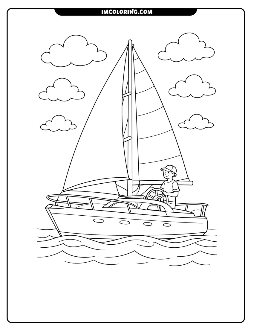 Cute Modern yacht with full sails and a person at the helm outline for coloring
