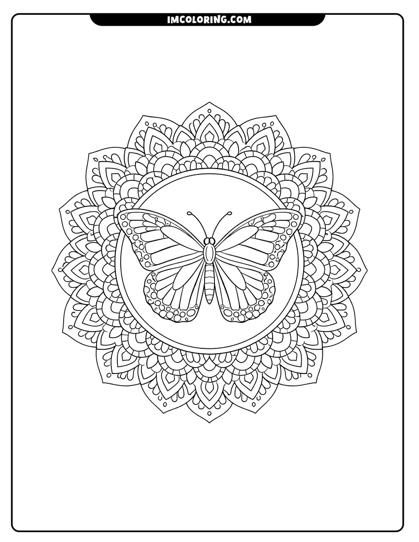 Scene showing Monarch butterfly enclosed within a scalloped arch mandala to color