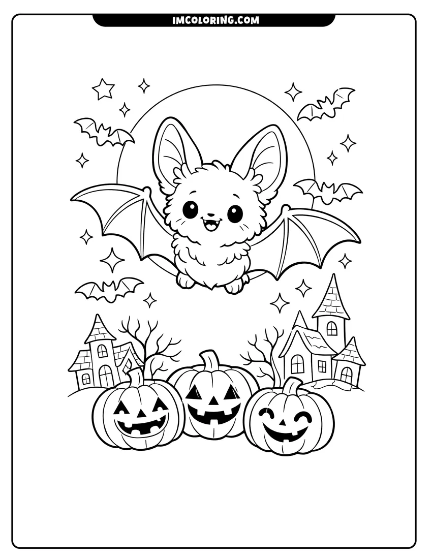 Coloring sheet of Cute bat flying over pumpkins and a full moon for kids