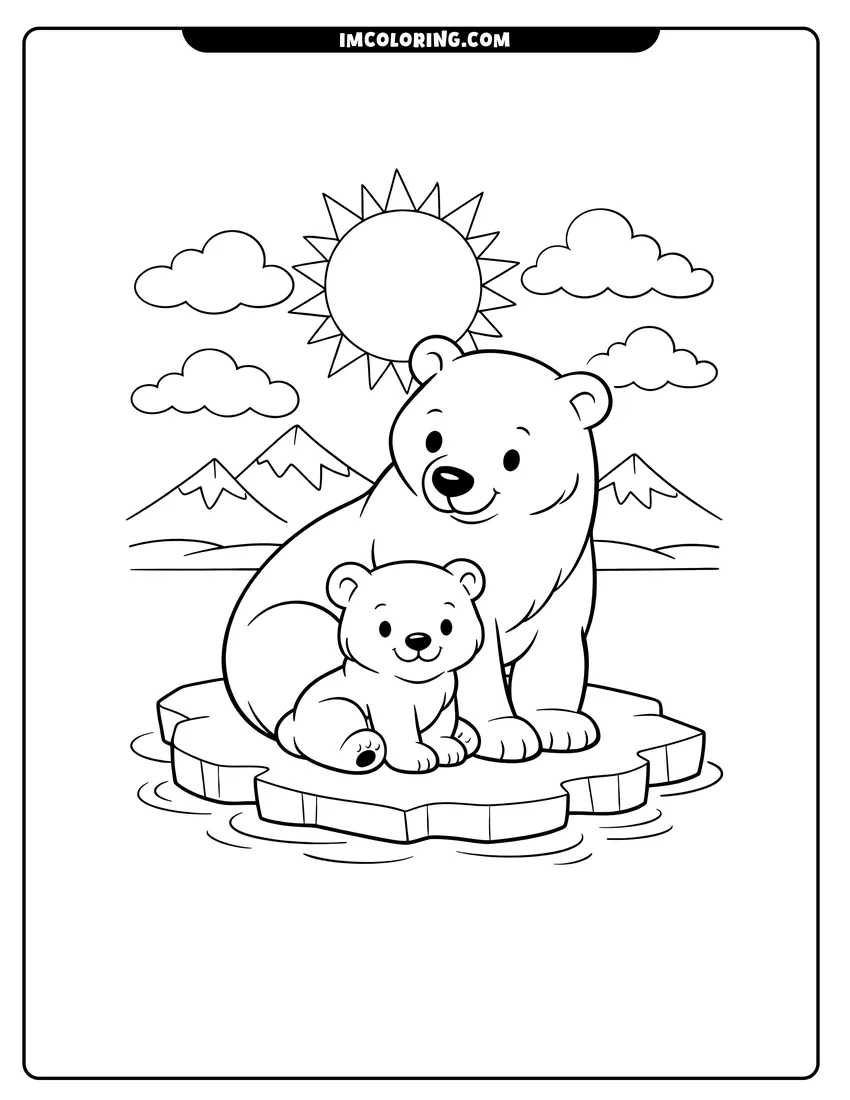 Simple sketch of Mother polar bear and cub sitting on ice floe for children