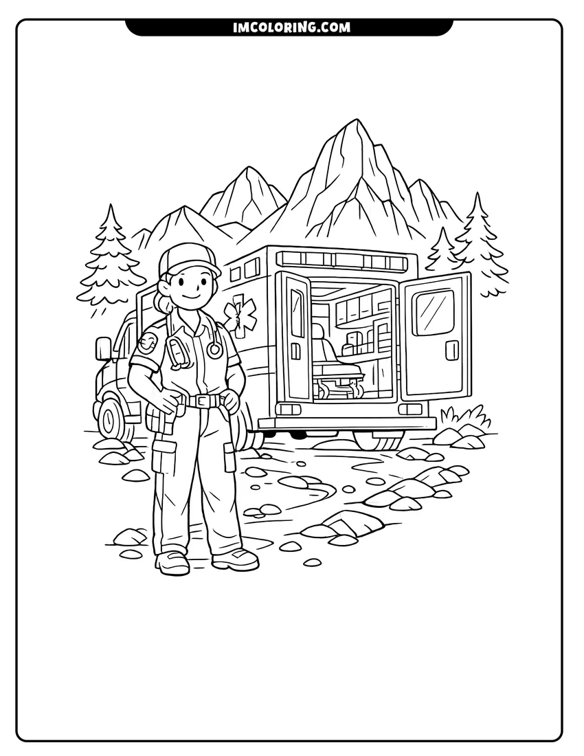 Outline of Paramedic standing by a rescue ambulance in mountain terrain on a white background