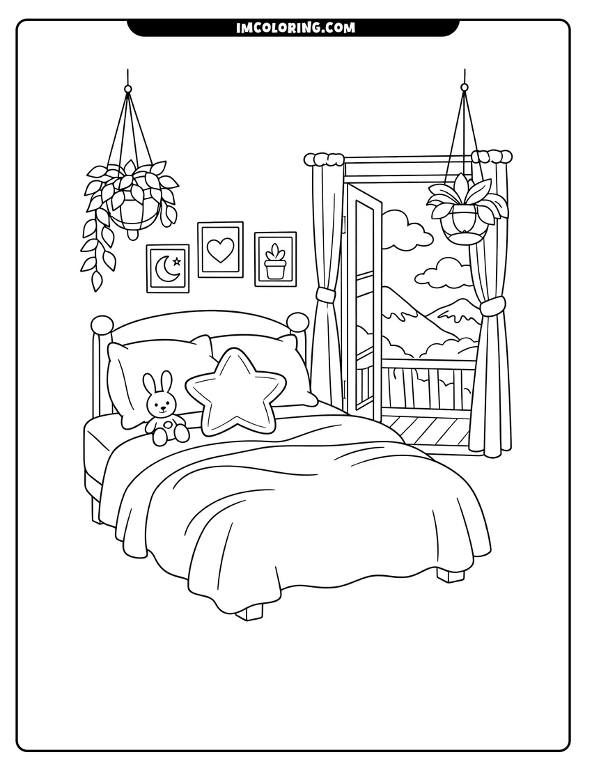 Kids activity sheet showing Bedroom with star pillow and mountain balcony view